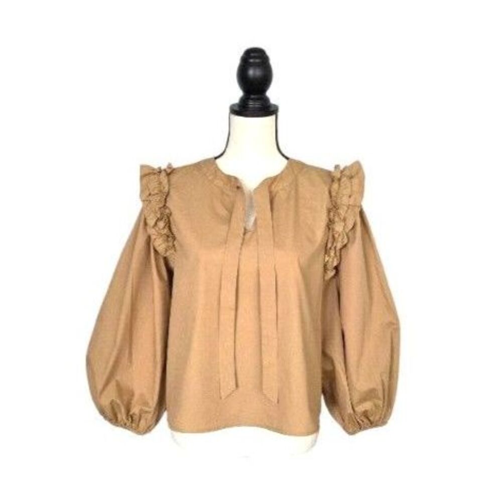 Jodifi Camel Tan Ruffle Tie-Neck Balloon Sleeve Blouse Cotton Sz M Cottagecore